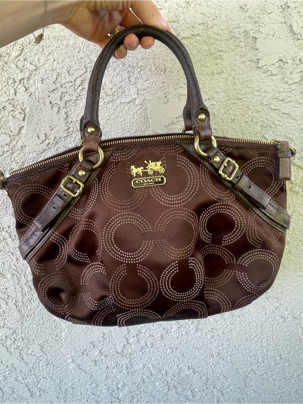 Coach Chocolate Brown Signature Satin Shoulder Bag with Gold Hardware